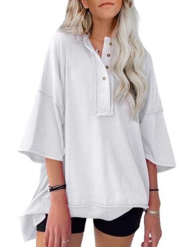 SHEWIN Short Sleeve Oversized Sweatshirt for Women 2025 Summer Casual Trendy Short Sleeve V Neck Tshirts Crewneck Tops A White X-Large - Image 1