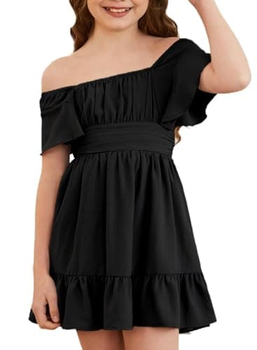 DOKOTOO KIDS Girls Boho Dress Elegant Off Shoulder Ruffle Hem Back Tie Dresses Black 6-7 Years Old - Image 2