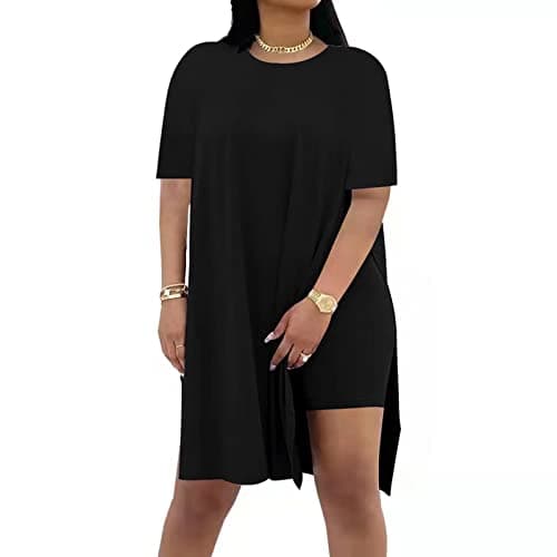 AXOSY Women Plus Size 2 Piece Outfits Short Sleeve Tunic Tops and Skinny Biker Shorts Sets Tracksuits Black,3X-Large - Image 1