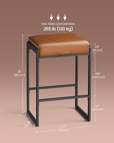 VASAGLE EKHO Collection - Bar Stools Set of 2, Counter Height Bar Stools, Synthetic Leather with Stitching, Mid-Century Modern Counter Stools, 26-Inch Tall, Kichen Home Bar Dining Room, Caramel Brown - Image 2