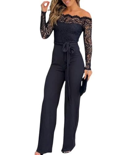 Women Off Shoulder Long Sleeve Black Jumpsuit Floral Embroidery Lace Overalls Casual Wide Leg Rompers with Belt Black-L - Image 1