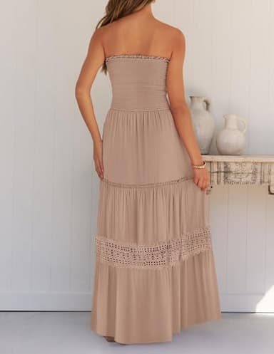 ZESICA Women's 2025 Summer Bohemian Strapless Off Shoulder Lace Trim Backless Flowy A Line Beach Long Maxi Dress,Pink,X-Small - Image 3