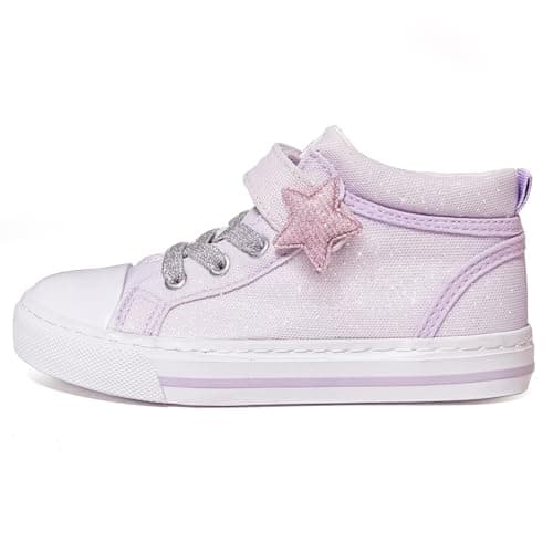 HugRain Toddler Girls Sneakers Walking Shoes for Little Kids Sparkle Glitter Star Canvas Casual Slip On High Top Adjustable Hook Loop Straps Velcro Non-Slip Lightweight Elastic Band Purple Size 12 - Image 1