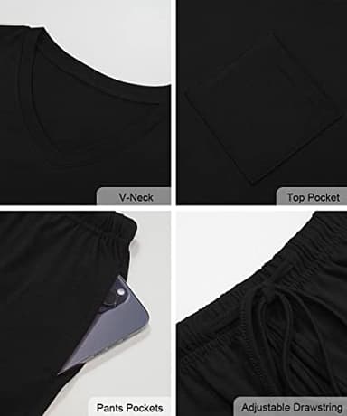 RUBZOOF Women's Short Sleeve 2 Piece Pajama Sets V-Neck Casual Summer Lounge Sets Black S - Image 5