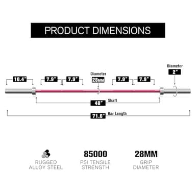 RITFIT Olympic Barbell 4ft/4.8ft/6ft - 2 Inch Weight Bar for Strength Training, Weightlifting, Squat, Deadlift, Bench Press, Curl, Overhead Press - 350lbs/500lbs Capacity 6FT Pink - Image 3