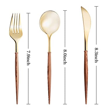 Lullaby 120PCS Gold Plastic Silverware, Gold Disposable Cutlery with Wood Grain Handle Include 40 Forks, 40 Spoons, 40 Knives, Elegant Disposable Silverware for Wedding, Party, Gathering, Daily Use - Image 3