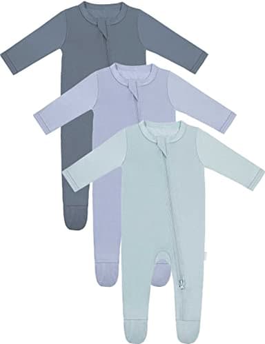 RRP Unisex Baby Footies Pajamas,Rayon Derived From Bamboo,Buttery Soft Sleep 'N Play PJs,2-Way Zipper Closure,0-18 Months (Grey/BlueGrey/Sage, 0-3 Months) - Image 1