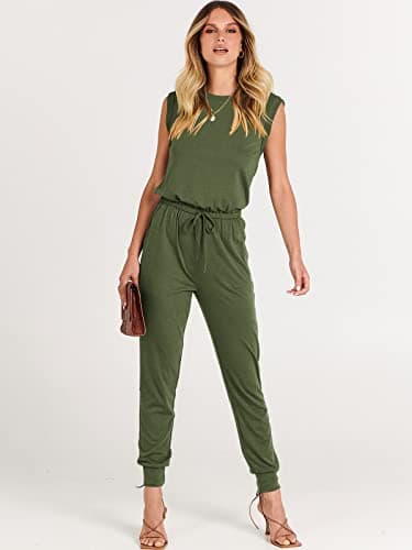 ANRABESS Womens Summer Sleeveless Jumpsuits Casual Dressy Stretchy Crewneck Rompers One Piece Outfits Fall Fashion 2025 Army Green Small - Image 3