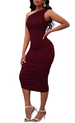 Women One Shoulder Dress Cocktail Sleeveless Sexy Dresses for Women Date Night Bodycon Party Midi Dresses Burgundy Medium - Image 2