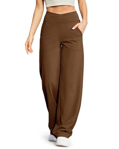 G4Free Yoga Pants for Women with Pockets Wide Leg Dress Pants with Pockets High Cross Waist Stretch Palazzo Pants Straight Leg(Dark Coffee,M,31") - Image 1
