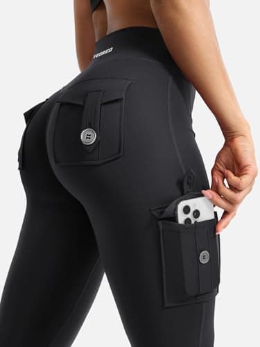 YEOREO CoreFlex Women Workout Flare Leggings with Pockets Hidden Scrunch High Waisted Cargo Gym Yoga No Front Seam Leggings Black L - Image 2