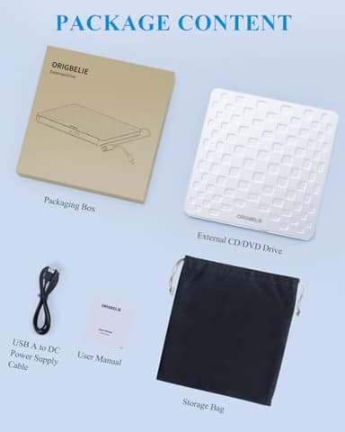 ORIGBELIE External CD/DVD Drive for Laptop, Ultra Slim 13mm USB 3.0 Type-C Portable DVD Player CD Burner Reader Writer Recorder for Desktop PC Windows 11/10/8/7 Linux Mac OS, White - Image 9