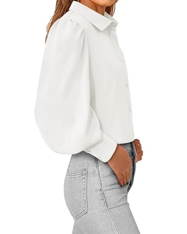 BTFBM Women Fashion Button Down Shirts V Neck Printed Solid Boho Long Sleeve Blouses Dressy Casual Summer Fall Tops(Solid White, Large) - Image 4