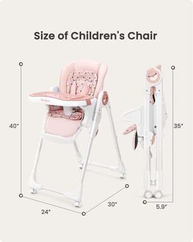 Babilous Foldable High Chair with Soft Cushion, High Chairs for Babies and Toddlers, Height Adjustable Feeding Chair, Adjustable Backrest and Footrest, Lockable Wheels, Star Pink - Image 3
