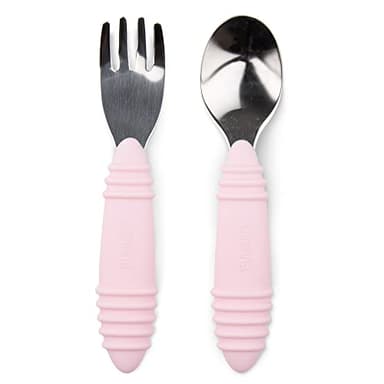 Bumkins Toddler Utensils, Kids Fork and Spoon Set, Silicone and Stainless-Steel Silverware, Angled Forks / Sporks for Self-Feeding, Children Training Flatware Cutlery for 18 Months Up, Pink - Image 1