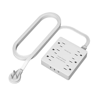 LIDER Outlet Extender with 6 Receptacles, USB-A and 2 USB-C, Ultra-Thin Flat-Plug with Cord Extender, 6-Outlet Power Strip, Slim Angled Design, Surge Protector, 1500 Joules, 5ft Cord, UL-Listed, White - Image 1