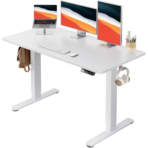 HUANUO Electric Standing Desk, 48" x 24" Whole Piece Desktop, Adjustable Height Computer Desk, 4 Height Memory Settings, Sit Stand Up Desk for Home Office, White - Image 1