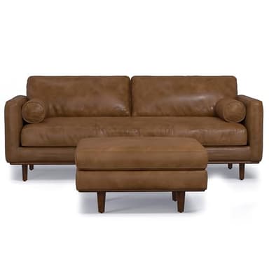 SIMPLIHOME Morrison Mid-Century Modern 89 inch Wide Sofa with Ottoman Set in Caramel Brown Genuine Leather for the Living Room and Family Room - Image 1