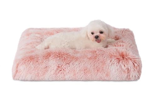 Bedfolks Waterproof Dog Crate Bed, Plush With Removable Washable Cover, Faux Fur Pad for Small Dogs and Cats, Fluffy Kennel 21"x13", Pink - Image 1