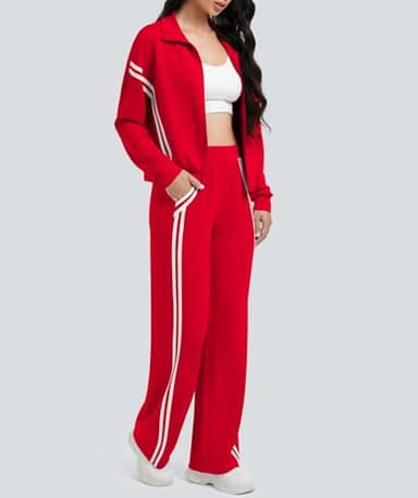 Casly Lamiit Women's Athletic Clothing Sets 2 Piece Lounge Outfits Track Sweatsuit 2-Stripes Sweatshirt Wide Leg Pants Airport Travel Activewear Red S - Image 3