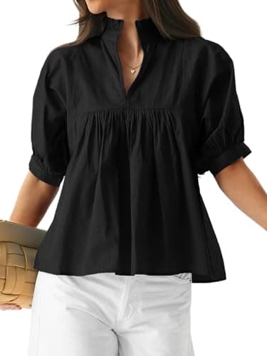 Cicy Bell Womens Puff Sleeve V Neck Blouse Babydoll Peplum Tops Dressy Casual Pleated Loose Fit Shirts Black - Image 1