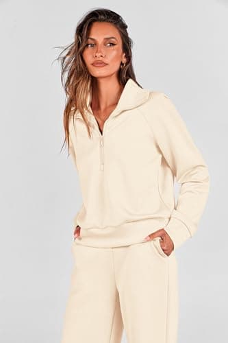 PRETTYGARDEN Women's 2 Piece Outfits Casual Lapel Half Zip Sweatshirts And Wide Leg Pants Tracksuit Sets (Beige,X-Small) - Image 3