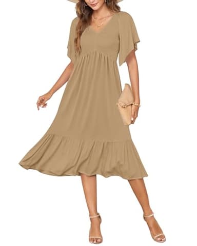 AUSELILY Women's Summer Empire Waist Dress Smocked Flutter Short Sleeve V Neck Midi Dresses 2025 New Camel XL - Image 1