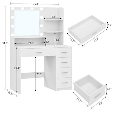 Quimoo Makeup Vanity Desk with Mirror & Lights, Vanity Desk with 5 Drawers & Storage Shelves, Vanity Table, 3 Color Modes & Adjustable Brightness Dressing Table, Bedroom, White - Image 6