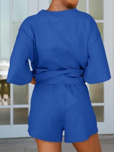 Tankaneo Womens Pajama Sets 3/4 Sleeve Oversized Tops and Elastic Waist Shorts Lounge Sets Loungewear Blue - Image 5