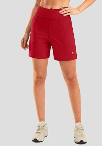 SANTINY Women's 6'' Athletic Long Shorts with 4 Pockets High Waisted Bermuda Shorts for Women Walking Running Casual (Red_M) - Image 3