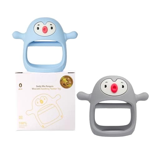 Smily Mia 2pack Baby Teething Toys for 0-6 3-6Months |Penguin Teether | Hand Teethers| Teething Mittens|Chew Toys for Teething Pain Relief, Baby Pacifiers| New Born Essentials, Blue+Grey - Image 1