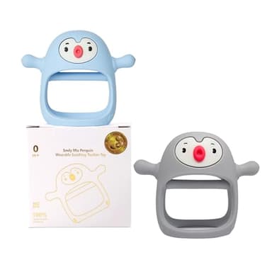 Smily Mia 2pack Baby Teething Toys for 0-6 3-6Months |Penguin Teether | Hand Teethers| Teething Mittens|Chew Toys for Teething Pain Relief, Baby Pacifiers| New Born Essentials, Blue+Grey - Image 1