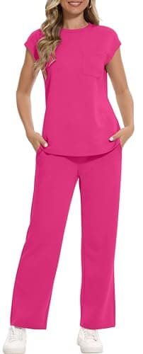 RUBZOOF Summer Outfits for Women 2025 Cap Sleeve Loungewear Crew Neck Two Piece Going Out Sets Travel Airport Outfits Beach Vacation Clothes Resort Wear for Women Hot Pink 2XL - Image 3