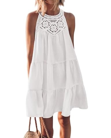 BTFBM Women Summer Halter Dresses Casual Spring 2025 Sleeveless A-Line Tiered Swing Mini Dress Beach Vacation Sundress(White, XX-Large) - Image 1