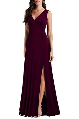 MUSHARE Women's V Neck Sleeveless Split Formal Dress Cocktail Party Prom Long Dresses Burgundy - Image 3
