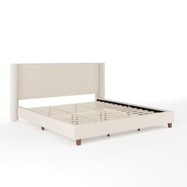 Martha Stewart Kay Low Profile Platform Bed with Wingback Headboard, Channel Stitched Faux Linen Upholstery, No Box Spring Needed, King, Beige - Image 3