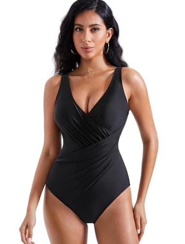 RXRXCOCO Womens One Piece Swimsuits Tummy Control Ruched Criss Cross Bathing Suits V Neck Slimming Swimwear Black X-Large - Image 2
