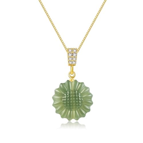 LOOYUUPEE Natural Hetian Jade Necklace for Women, Daisy Pendant Necklace Delicate Temperament Necklace Choker Pendant Jewelry Necklace Handmade Jewelry (S925 Sterling Silver Gold Plated) - Image 1