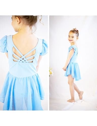 Arshiner Girls Shiny Ruffle Sleeve Ballet Leotard with Skirt Criss-Cross Back Dance Dresses Blue 4-5 Years - Image 6