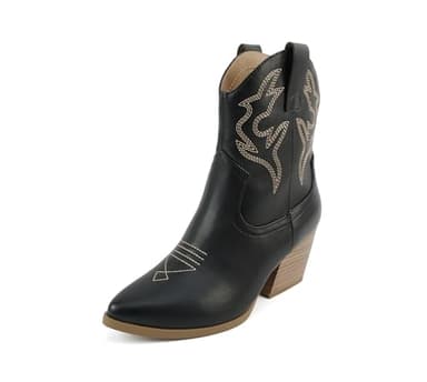 Soda “BLAZING” ~ Women Western Stitched Pointe Toe Low Heel High Top Ankle Shaft Boot Bootie (BLACK PU, us_footwear_size_system, adult, women, numeric, medium, numeric_7) - Image 2