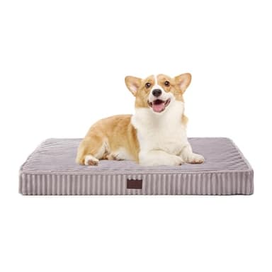 Orthopedic Dog Beds for Medium, Small Dogs - Plush Washable with Egg Crate Foam, Waterproof with Removable Cover & Anti-Slip Bottom, Comfy Striped Dog Bed for Crate, 31x25 Inch, Gray - Image 1