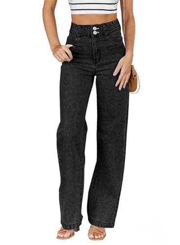 Sidefeel Jeans for Women Trendy High Waisted Stretchy Straight Leg Jeans Tummy Control Loose Ankle Denim Pants Black Size 12 - Image 1