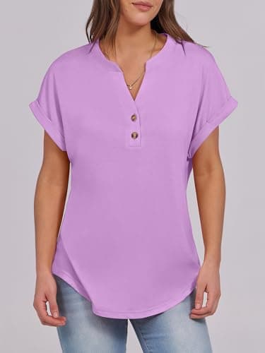 ANRABESS Womens Short Sleeve Henley Tops V Neck Dressy Casual Loose Fit Shirts Summer Flowy Blouses 2025 Trendy Clothes Light Purple Medium - Image 2