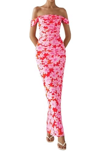 PRETTYGARDEN Maxi Dresses for Women 2025 Summer Elegant Floral Off Shoulder Ruched Mesh Cocktail Wedding Guest Dress (Pink Daisy,Small) - Image 8