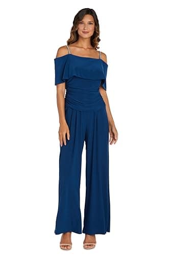 R&M Richards Elegant Off-the-Shoulder Ruched Bodice Jumpsuit W/Rhinestone Straps & Wide Legs - Image 1