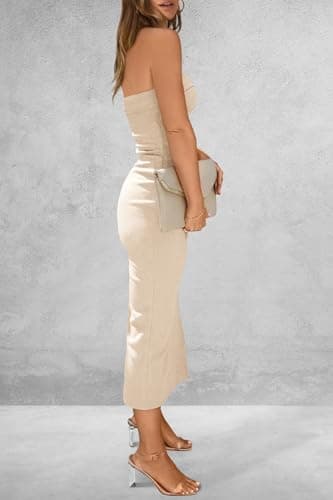 PRETTYGARDEN Women's Summer Bodycon Maxi Tube Dress Ribbed Strapless Side Slit Long Going Out Casual Elegant Party Dresses (Beige,Medium) - Image 2