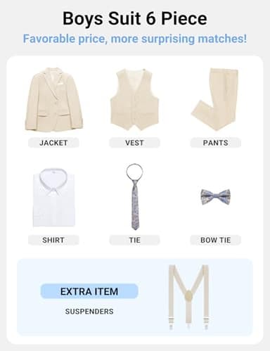 BOLADA Boys' Beige Husky Formal Classic 6-Piece Suit Set Size 14 Big Boys Toddler Tuxedos Suits for Kids Teen Youth Wedding Outfit Ring Bearer Outfit - Image 3