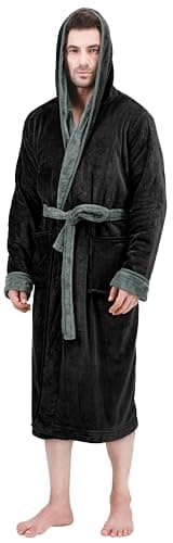 NY Threads Mens Hooded Fleece Bathrobe Plush Long Spa Robe Pack of 1, Large/X-Large, Black and Steel Grey - Image 1