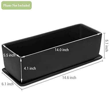 MyGift 14 Inch Ceramic Indoor Plant Pot, Rectangular Succulent Planter, Decorative Flower Planter with Drainage Hole and Removable Tray, Matte Black - Image 2