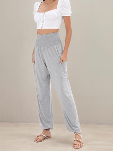 QIANXIZHAN Women's Harem Pants, High Waist Yoga Boho Trousers with Pockets Grey L - Image 5